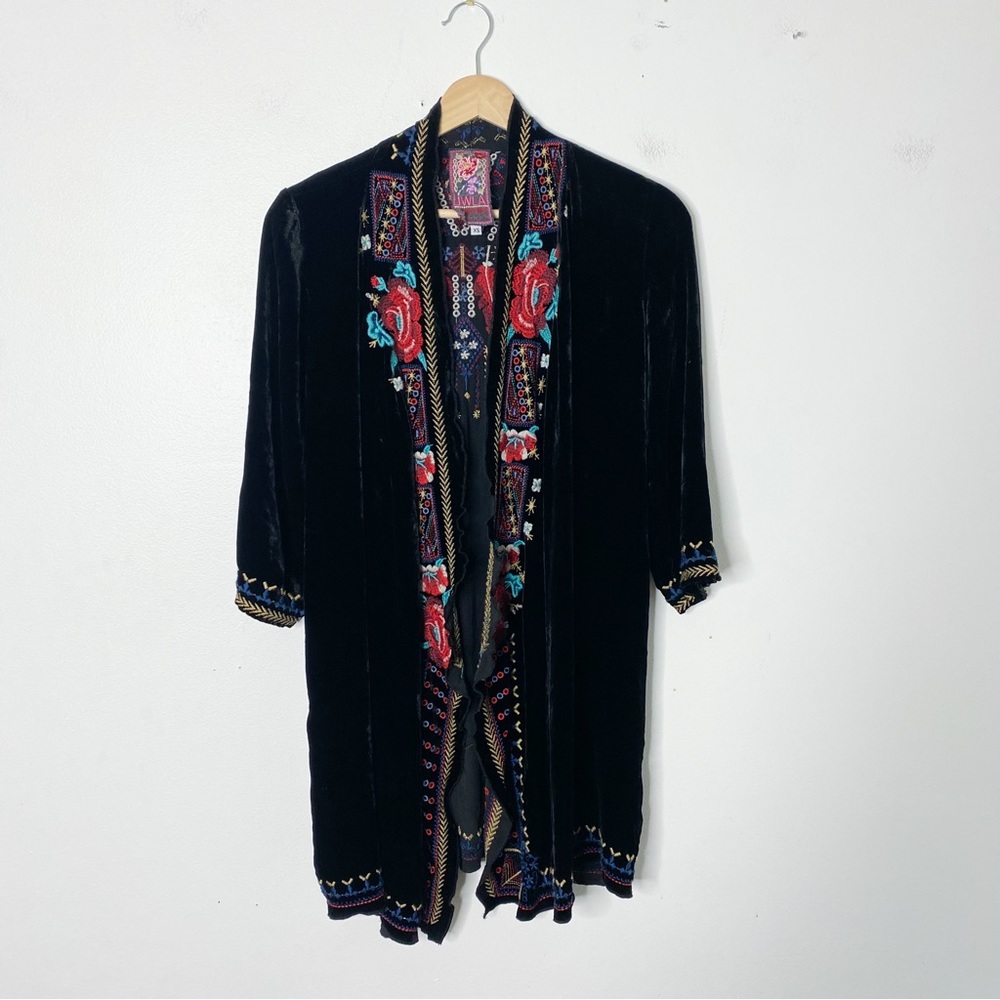 Johnny Was Black Velvet Embroidered Open Cardigan with Red Floral Accents